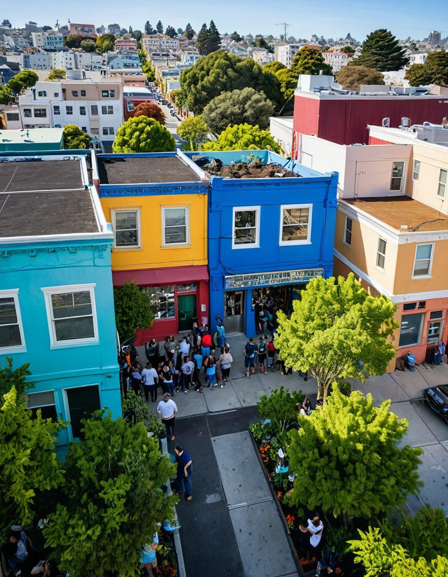 A vibrant community scene in Dogpatch with people participating in various volunteer programs, planting trees, painting murals, and organizing food drives. Include diverse volunteers in action, colorful buildings, and lush greenery to capture the neighborhood's spirit. painting. vibrant colors.