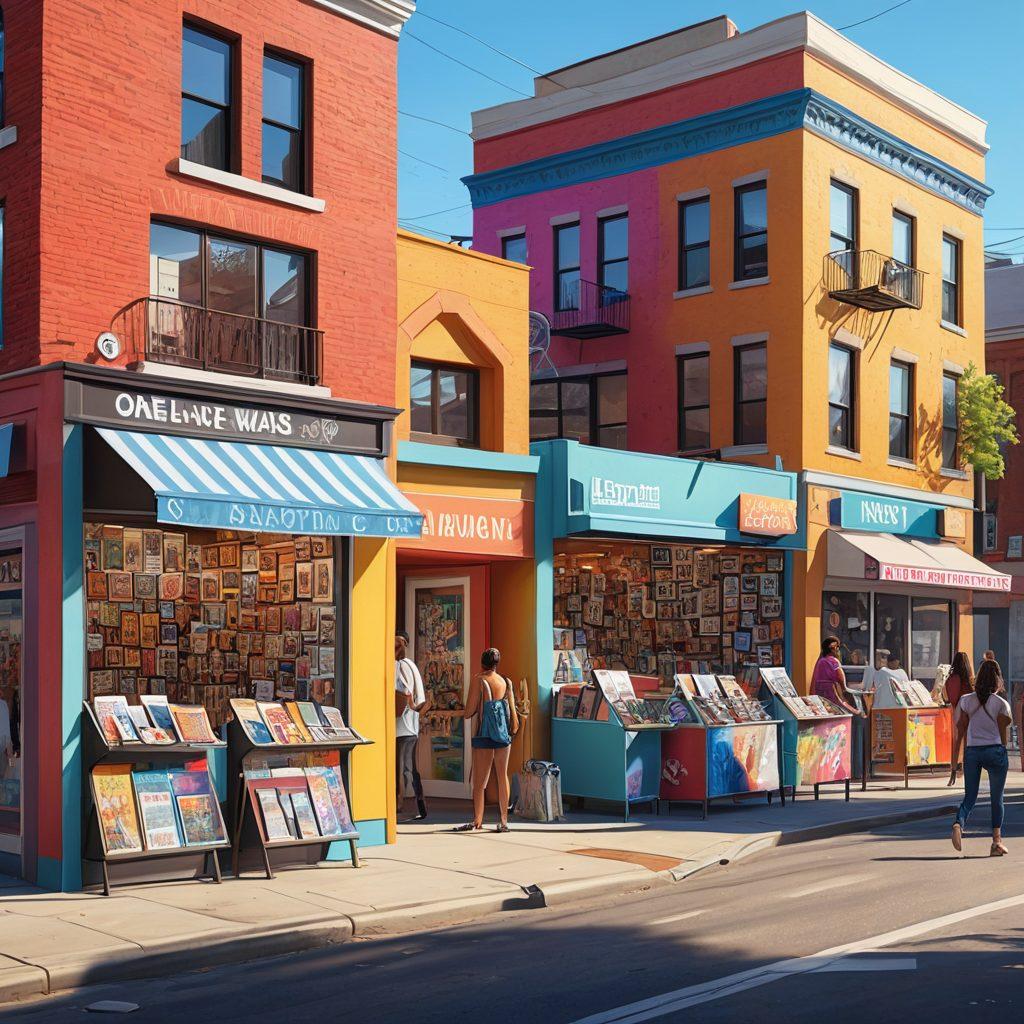 A lively and bustling urban neighborhood featuring smiling people of diverse backgrounds engaging in community activities, modern buildings adorned with murals, and a newsstand filled with newspapers and digital screens displaying updates. Central to the scene is a community board showcasing local projects and events, under a clear, sunny sky. vibrant colors. super-realistic.