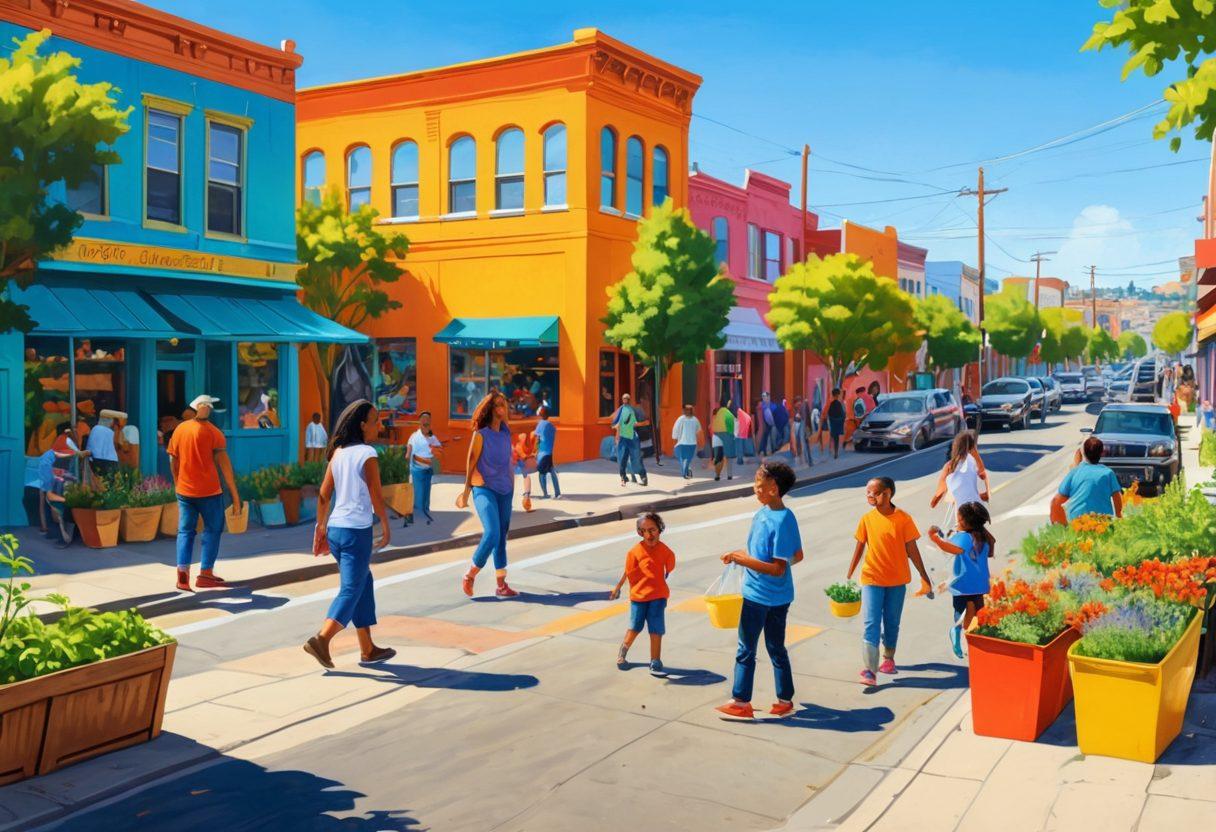 A lively street scene in the Dogpatch neighborhood showcasing community events, with local residents participating in a farmers' market, kids playing, and volunteers planting trees. The backdrop includes vibrant murals, historic buildings, and people chatting and laughing. sunny day. vector art. vibrant colors.
